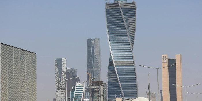 Skyline view of Riyadh's modern architecture with distinctive skyscrapers.