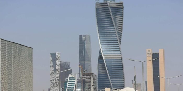 Skyline view of Riyadh's modern architecture with distinctive skyscrapers.
